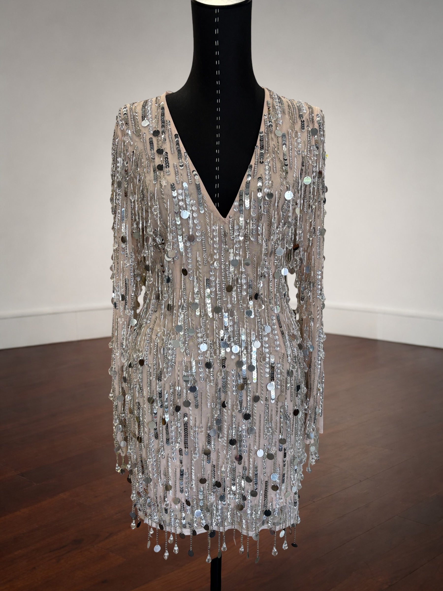 Mac Duggal Silver Long Sleeve Beaded Fringe Plunge Neck Dress