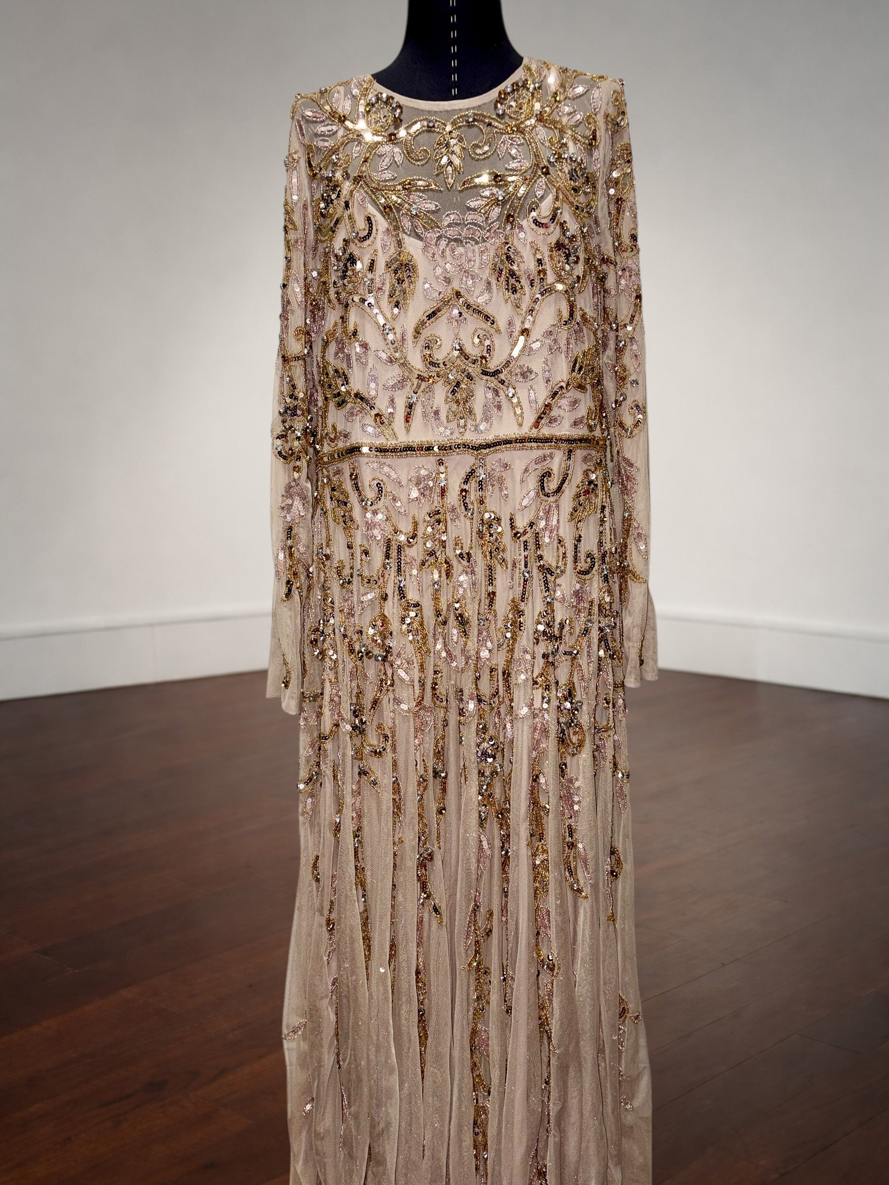 Mac Duggal Mocha Gold Long Sleeve Hand Embellished Gown