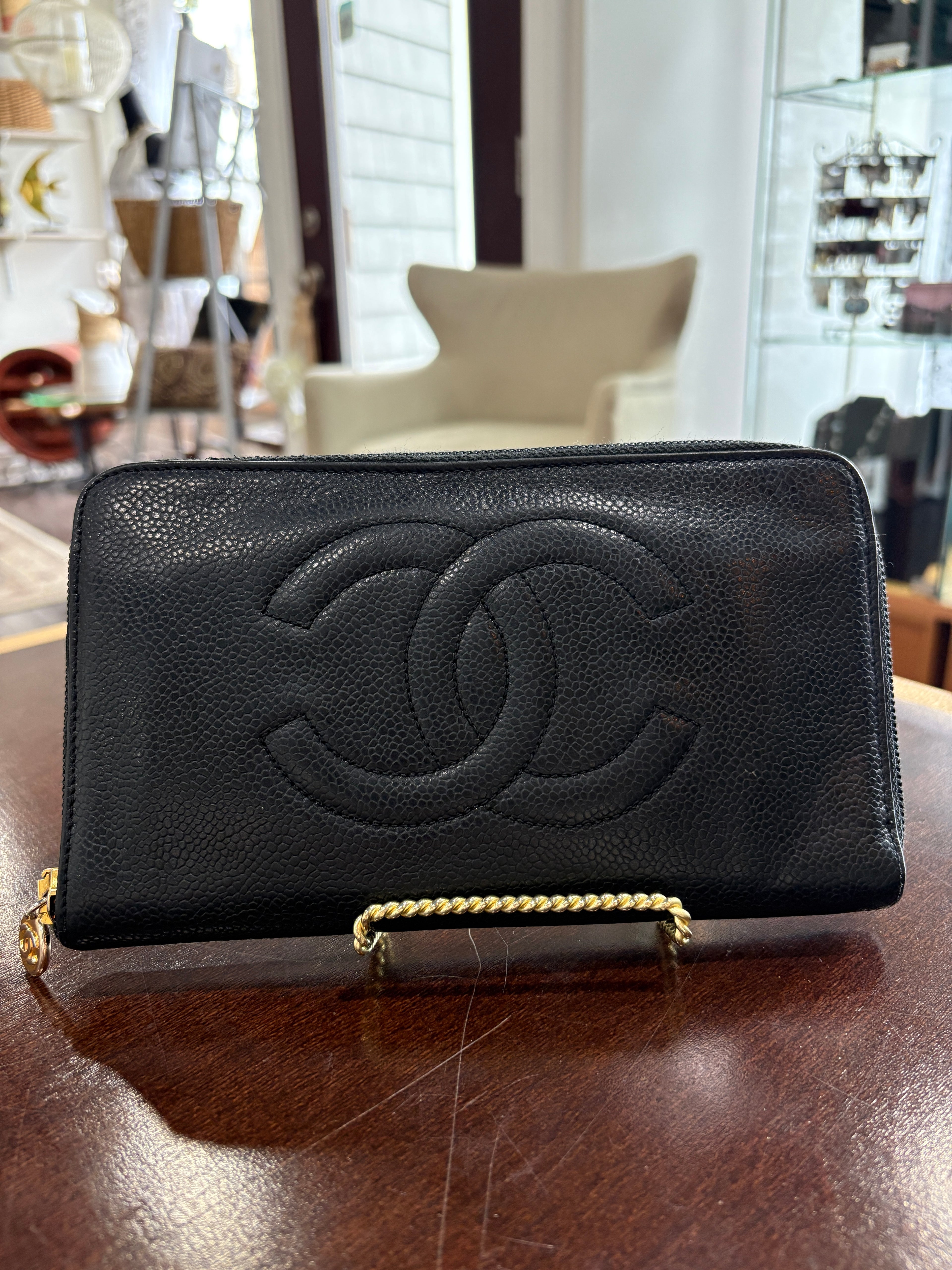 Chanel Black Caviar Zip Around Long Wallet