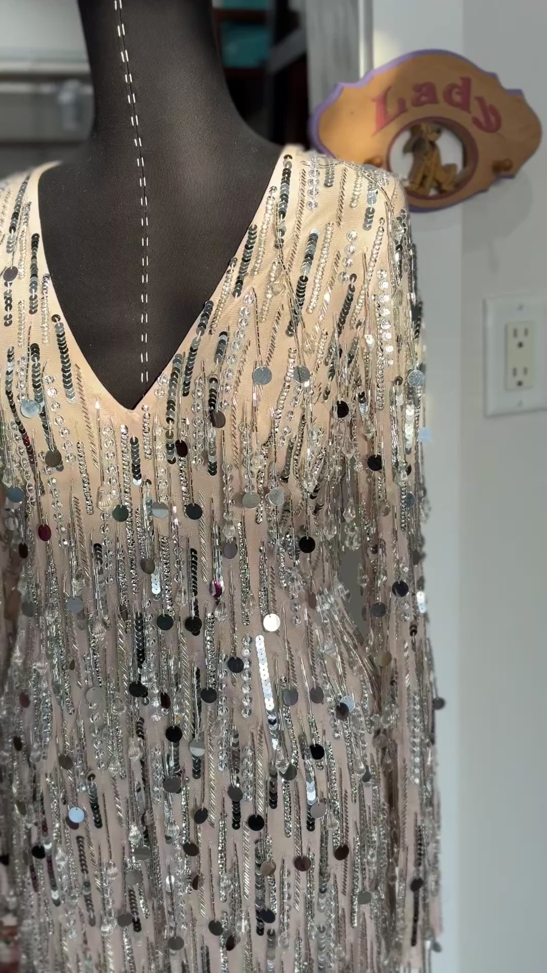 Mac Duggal Silver Long Sleeve Beaded Fringe Plunge Neck Dress